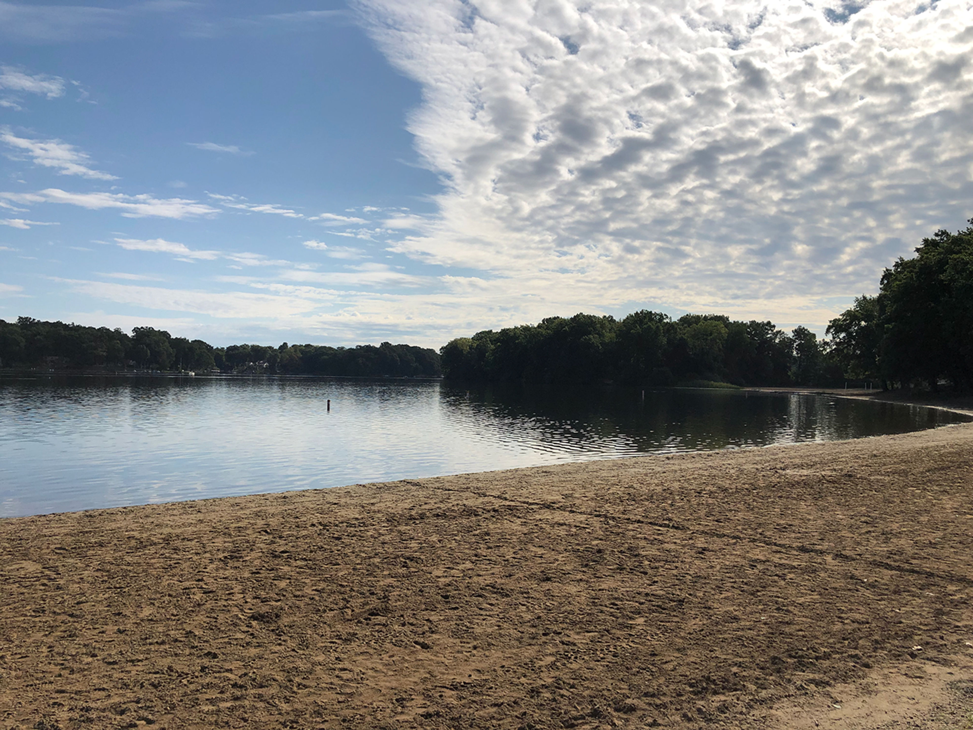 A beach with trees and water at Portage Lakes State Park