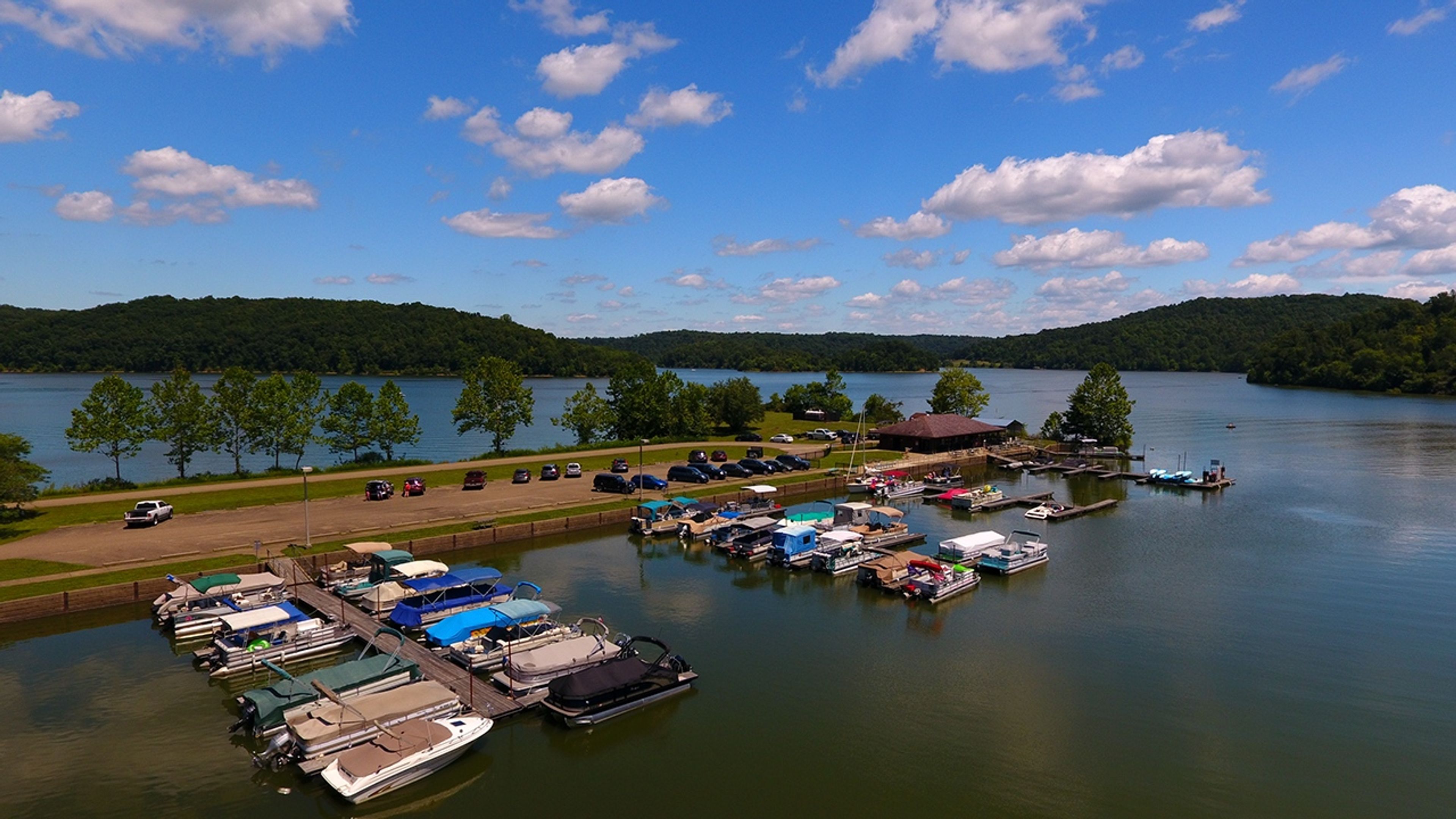 Boats docked on a lake at Salt Fork State Park