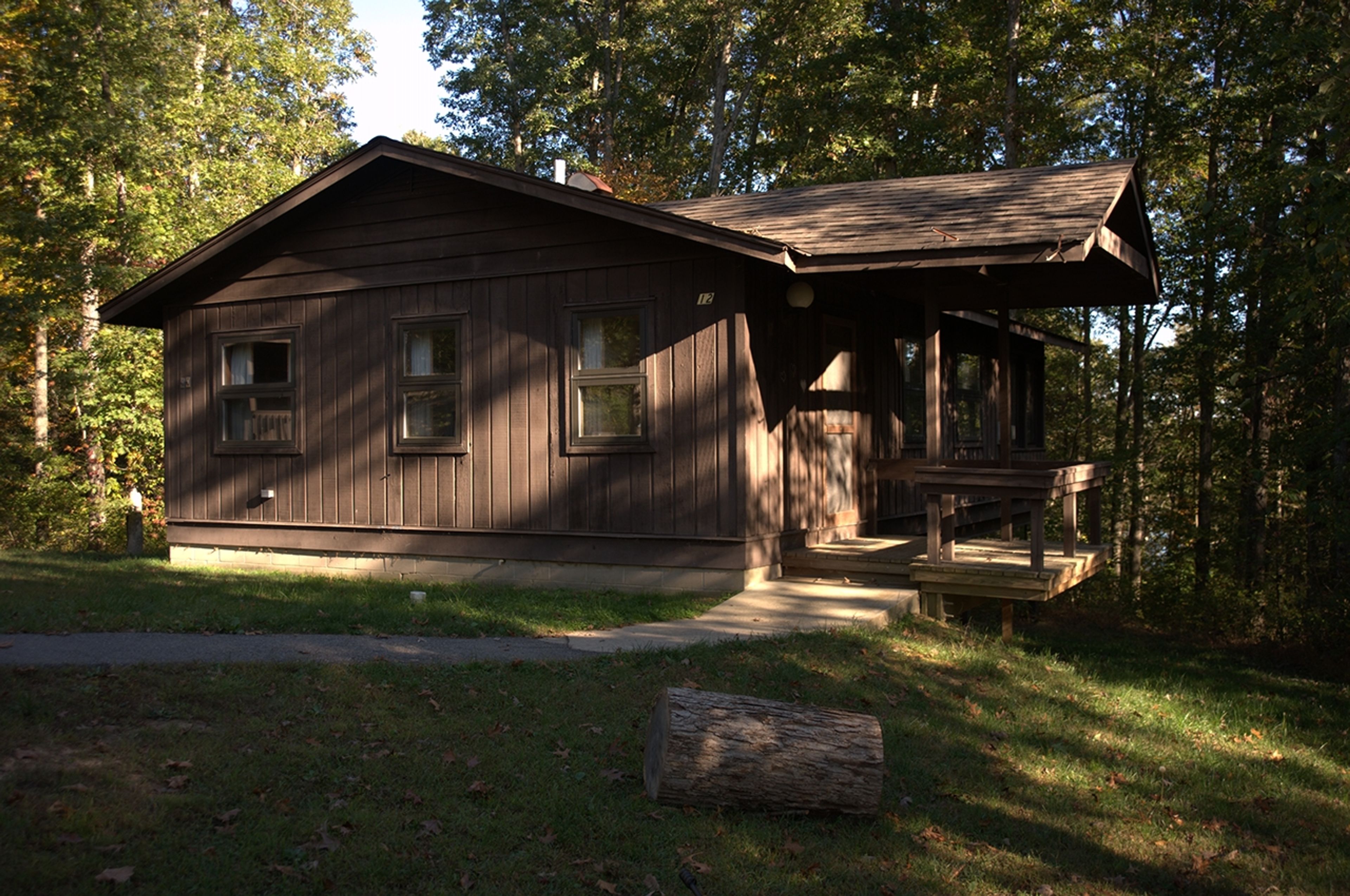 Cabin with a porch in the woods at Shawnee State Park