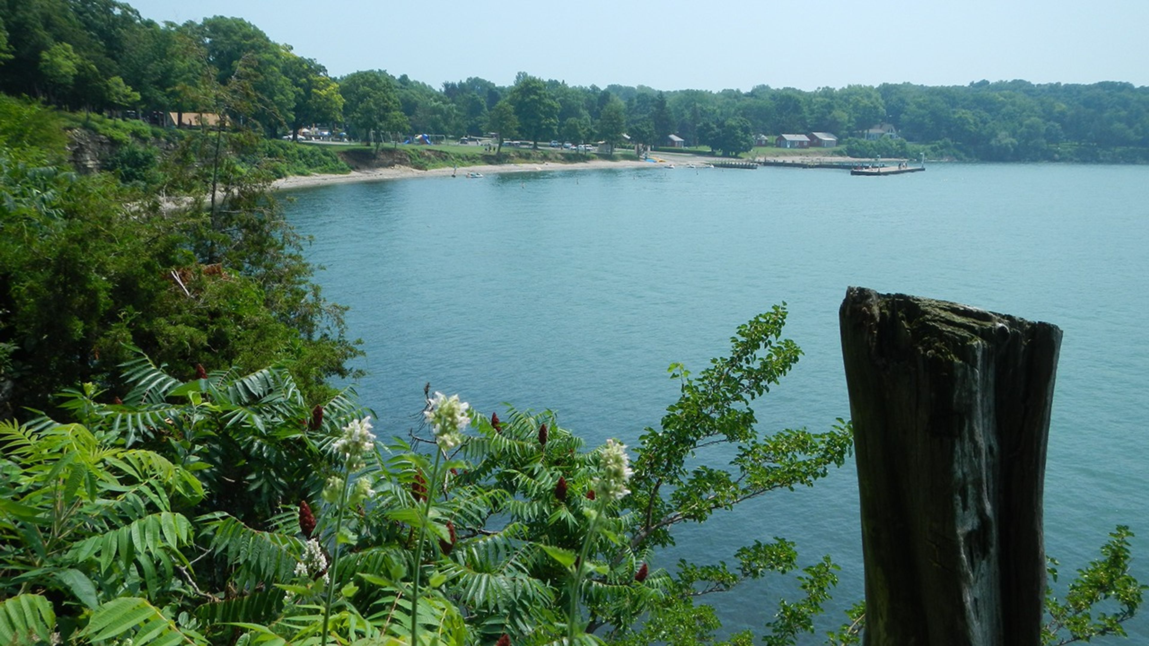 A body of water with trees and a dock in the distance at South Bass Island State Park