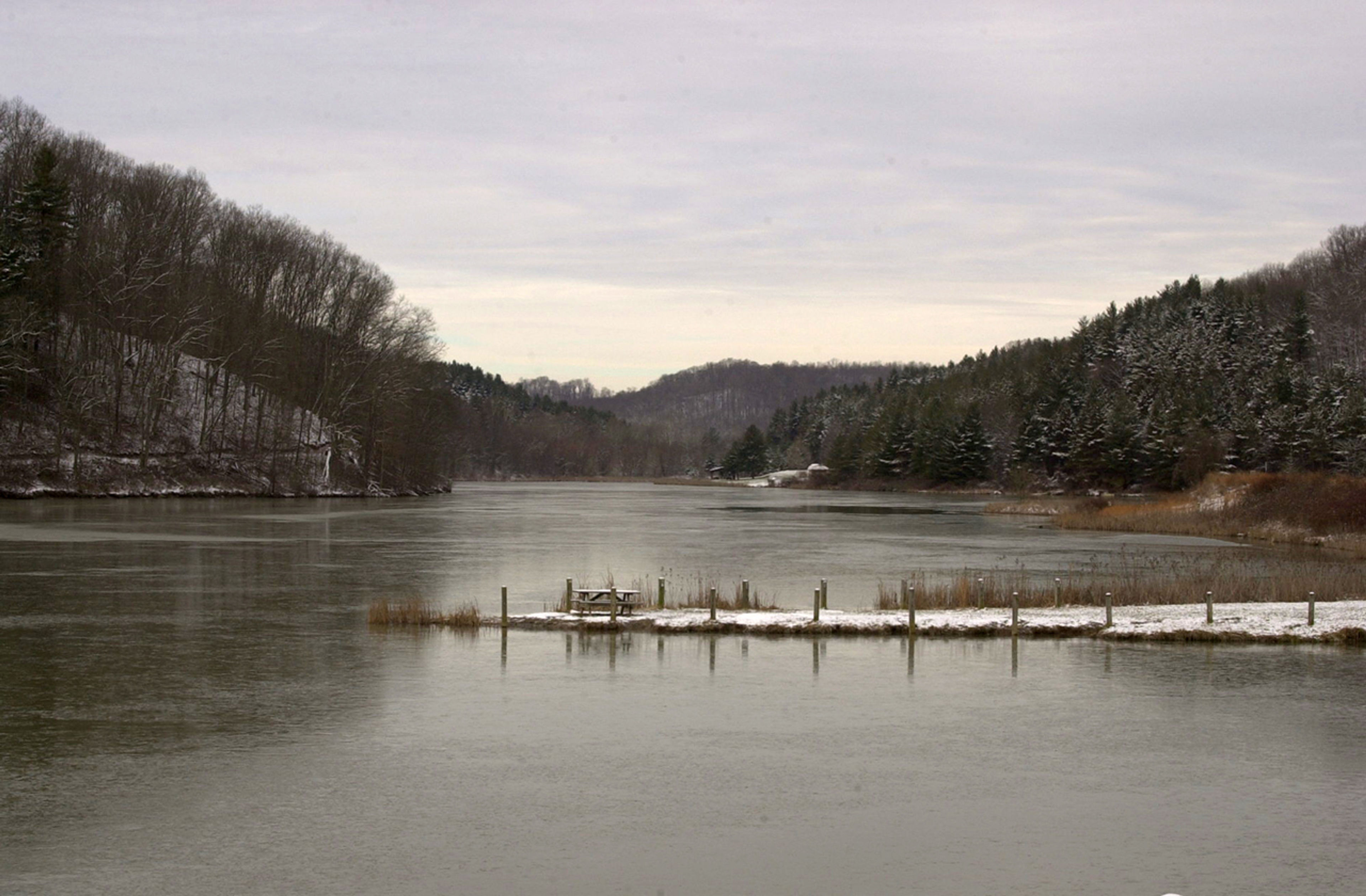 A lake with a dock and trees in the background at Strouds Run State Park