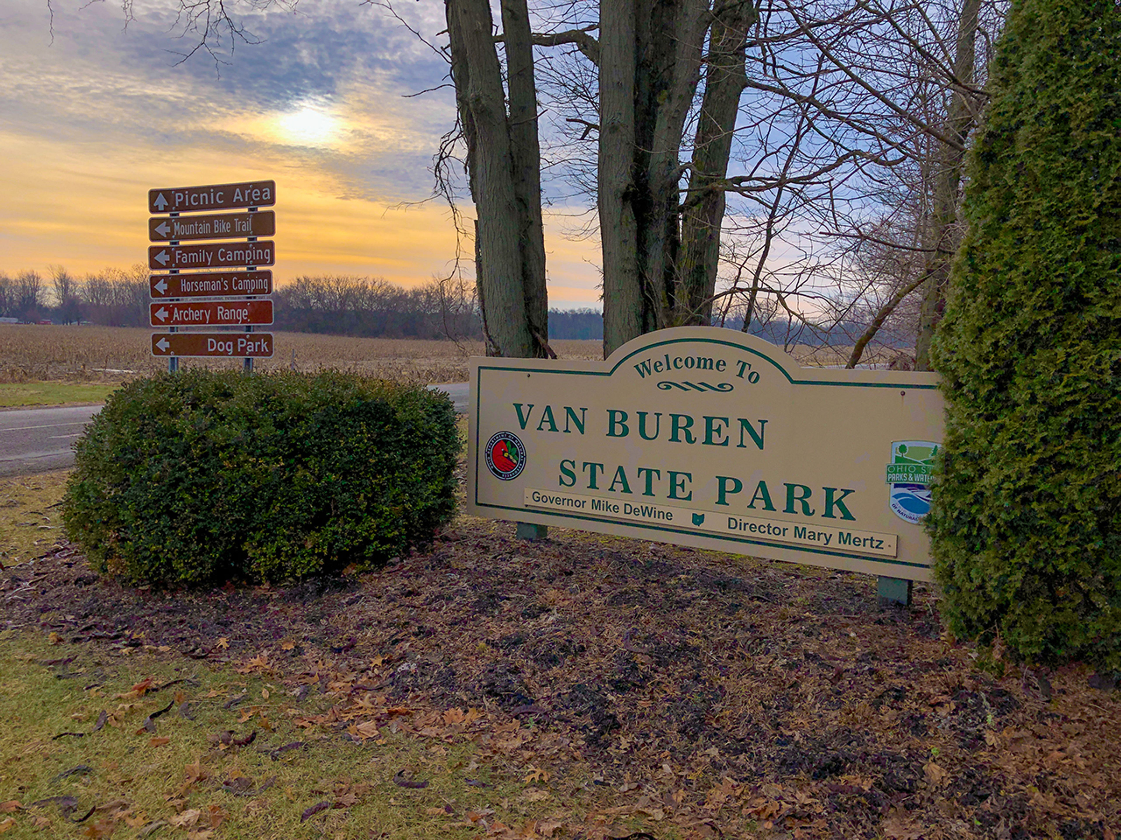 Sign that says Van Buren State Park at the entrance of the park