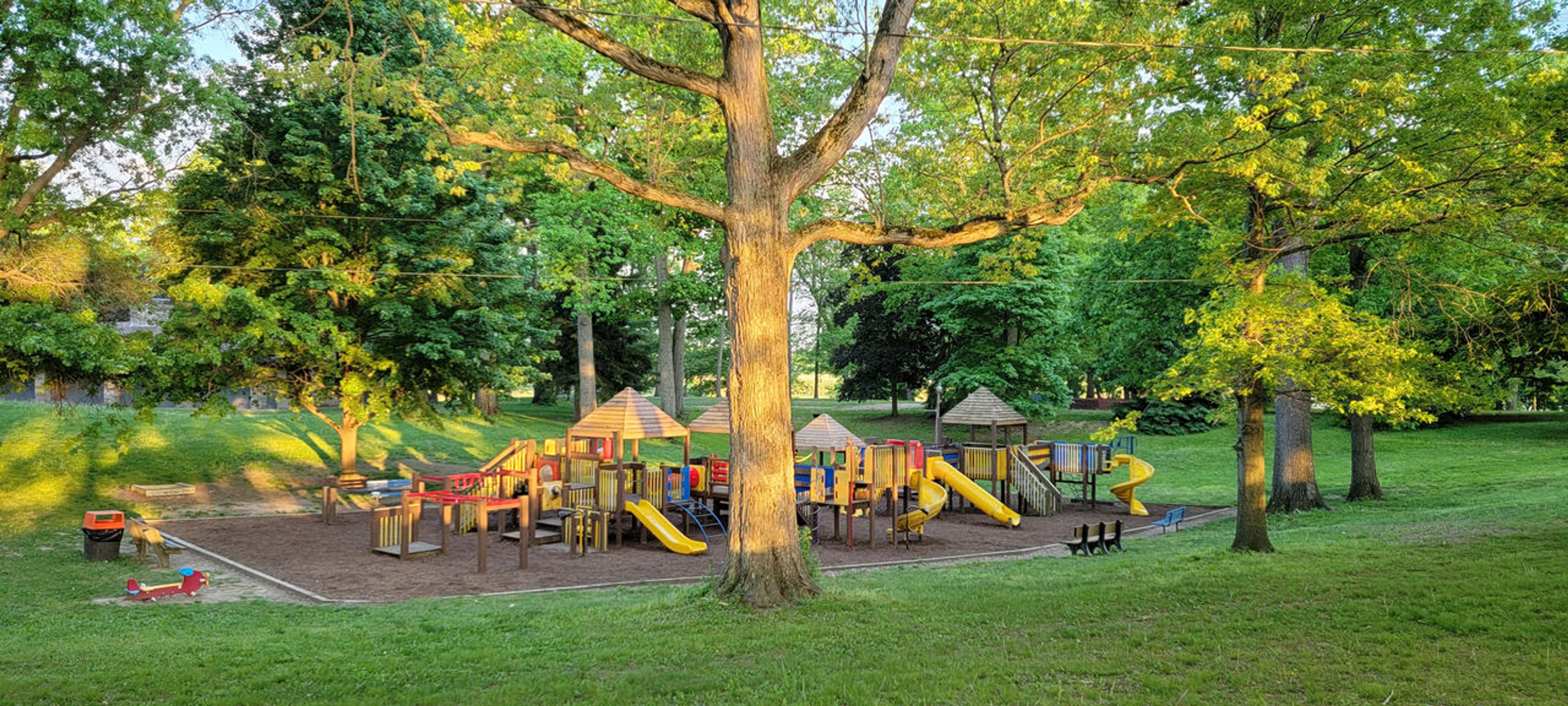 A large playground in a field surrounded by trees at Wingfoot Lake State Park