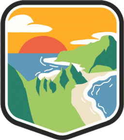 An illustrated badge for the American Samoa community showing a lush tropical landscape with palm trees and a sandy beach.