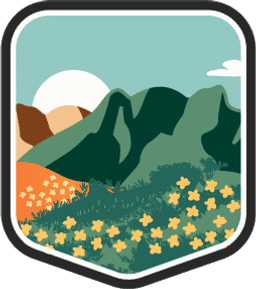 An illustrated badge for the California community showing a field of blooming flowers against a mountainous background under a blue sky.