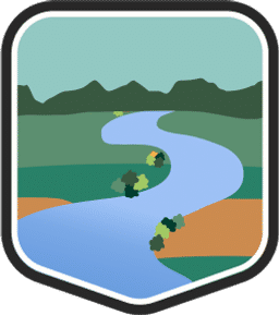 An illustrated badge for the Connecticut community showing a river winding through green landscapes with a blue sky overhead and small mountains in the distance.