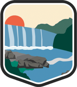 An illustrated badge for the Georgia community showing a waterfall cascading into a river surrounded by lush green hills.