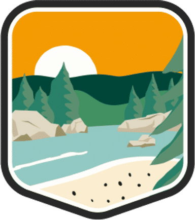 An illustrated badge for the Indiana community showing rolling green hills with a lake and beach in the foreground.