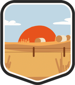 An illustrated badge for the Kansas community showing a wide-open prairie with bales of hay and a sunset in the distance.