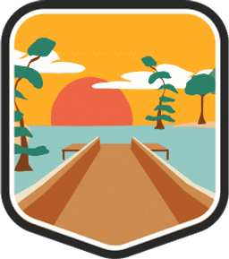 An illustrated badge for the Louisiana community featuring a sunset over a swamp with a dock and cypress trees.