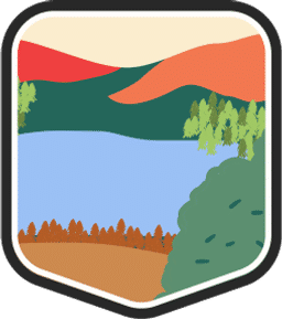 An illustrated badge for the Minnesota community depicting a lake surrounded by pine trees with a clear sky.