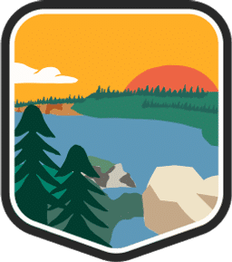 An illustrated badge for the Mississippi community showing the Mississippi river winding through a forest with tall trees.