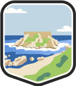 An illustrated badge for the Northern Mariana Islands community featuring a tropical landscape with a beach, an island, the ocean, and a clear blue sky.