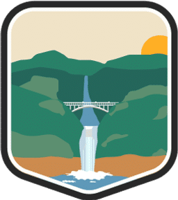 An illustrated badge for the Oregon community showing a waterfall cascading into a river with green hills in the background.