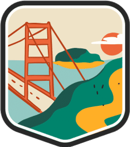 An illustrated badge for the San Francisco community depicting the Golden Gate Bridge with hills in the foreground under a clear sky.