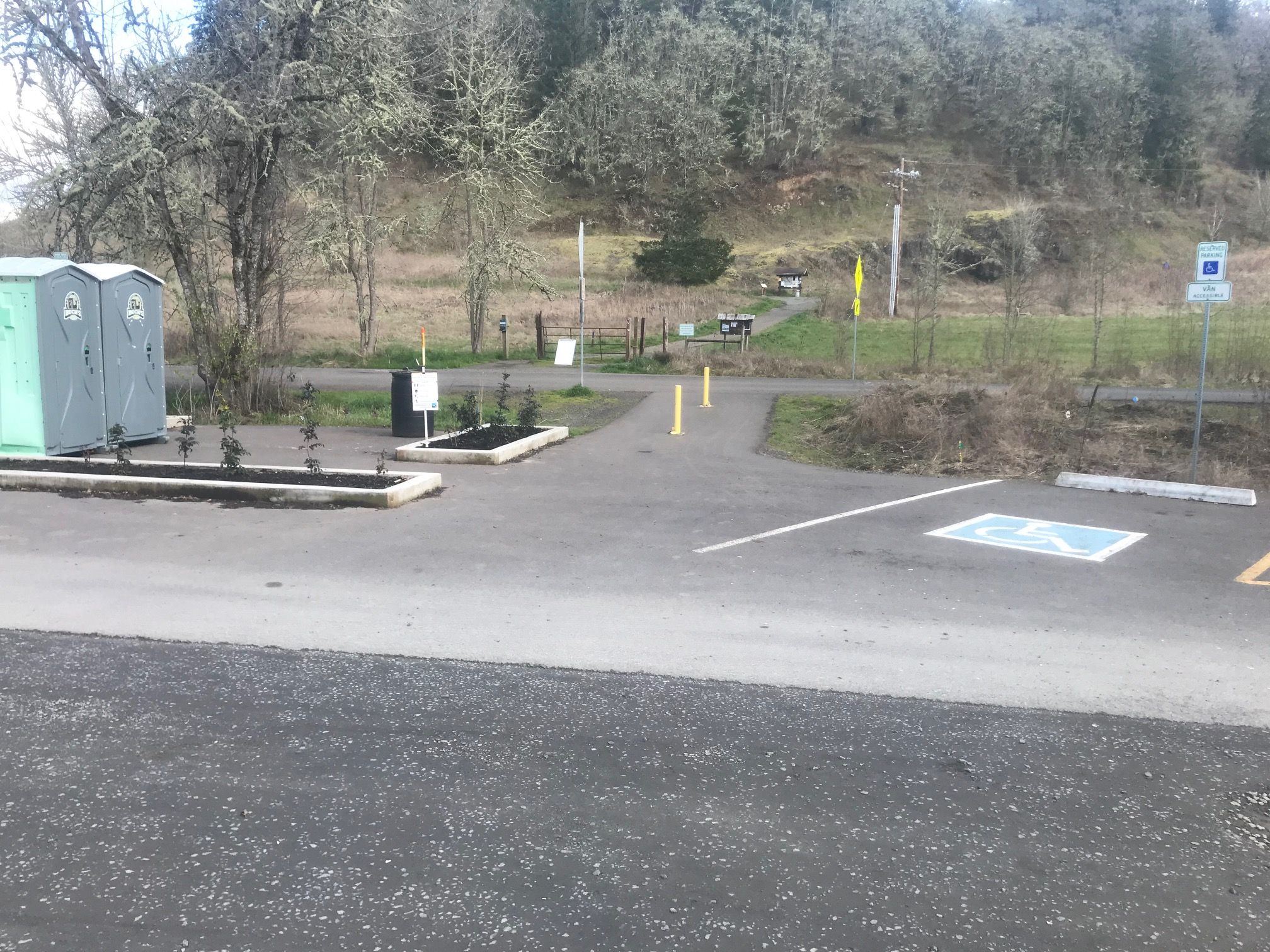 View to North Trailhead and North Trail Kiosk from North Parking Lot