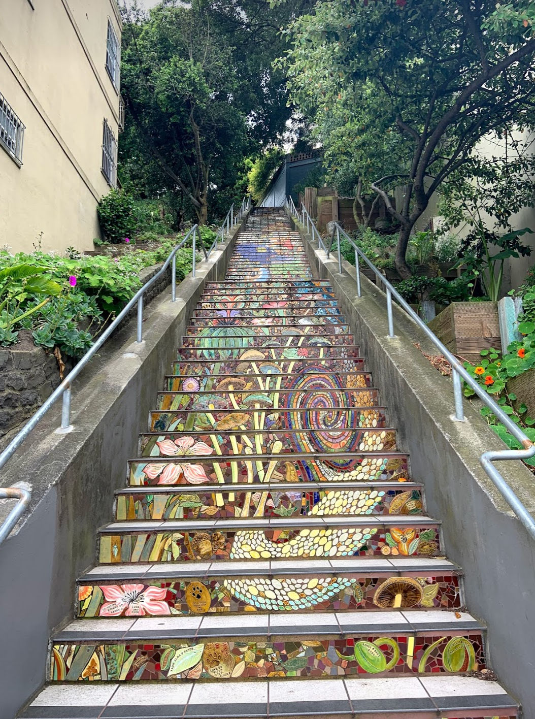 Bottom of Hidden Garden Tiled Steps by Eileen Barr and Colleen Crutcher. Sunset District, Section 3. 