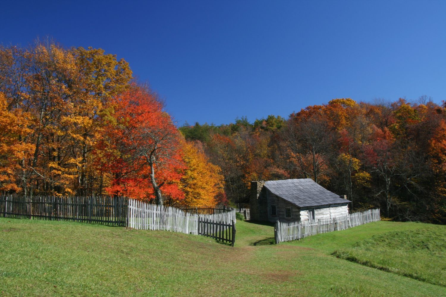 Weathered log cabins greet visitors to Hensley Settlement