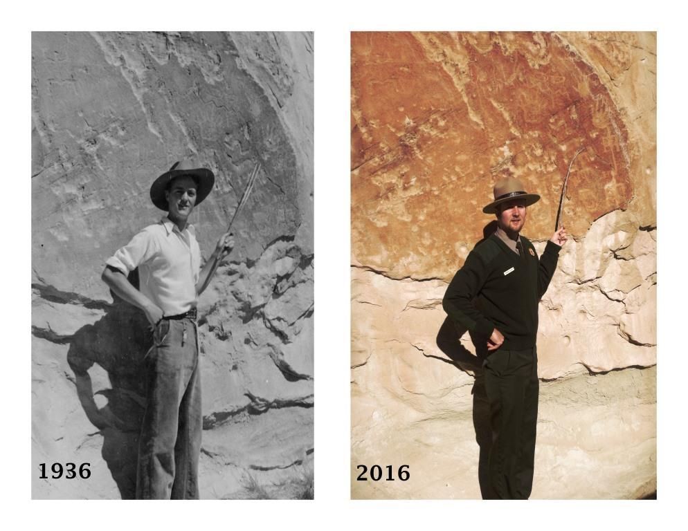 Ranger Andrew recreates a historic photograph with Petroglyphs at El Morro.