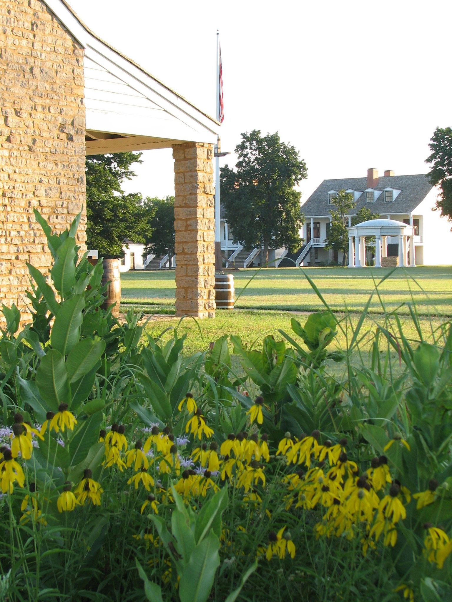 A field of sunflowers adds a splash of color to a view of the parade ground at Fort Scott.