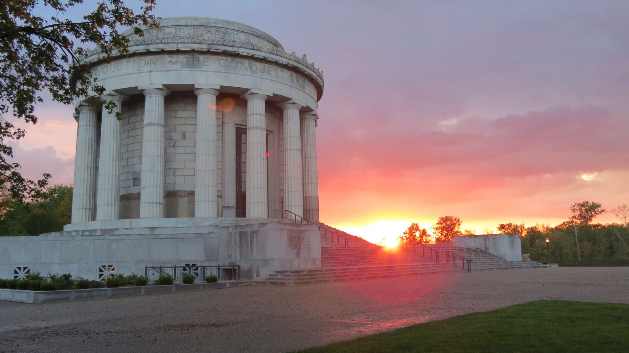 Many people enjoy watching the sun set behind the George Rogers Clark Memorial on the banks of the Wabash River