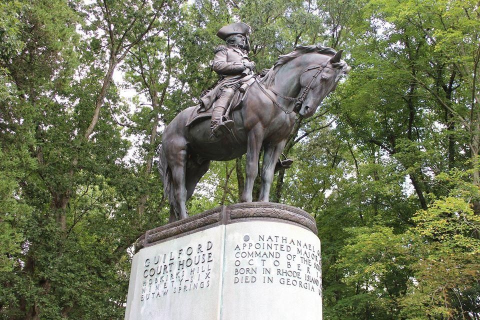 The General Greene Monument is a focal point of commemoration on the battlefield