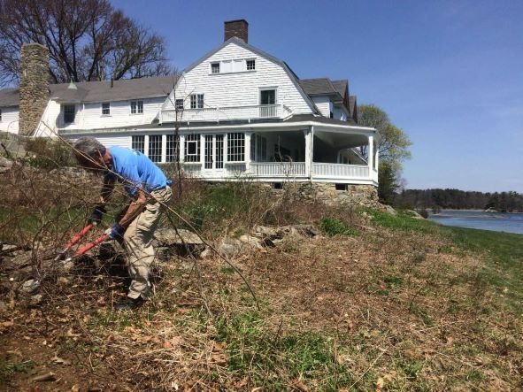 A volunteer helps trim plants outside Carey Cottage at Creek Farm.