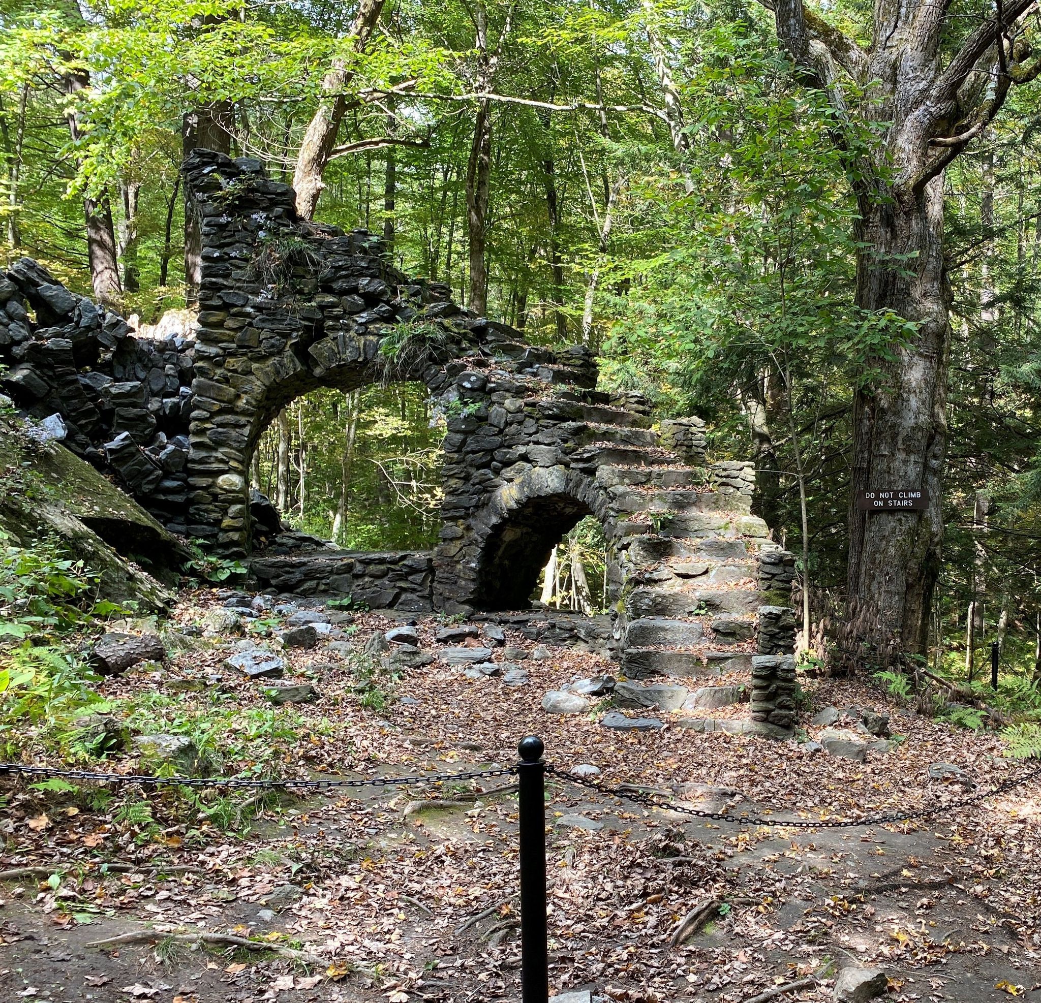 The remaining two stone arches at Madame Sherri's former "castle" after the top arch collapsed in 2021.