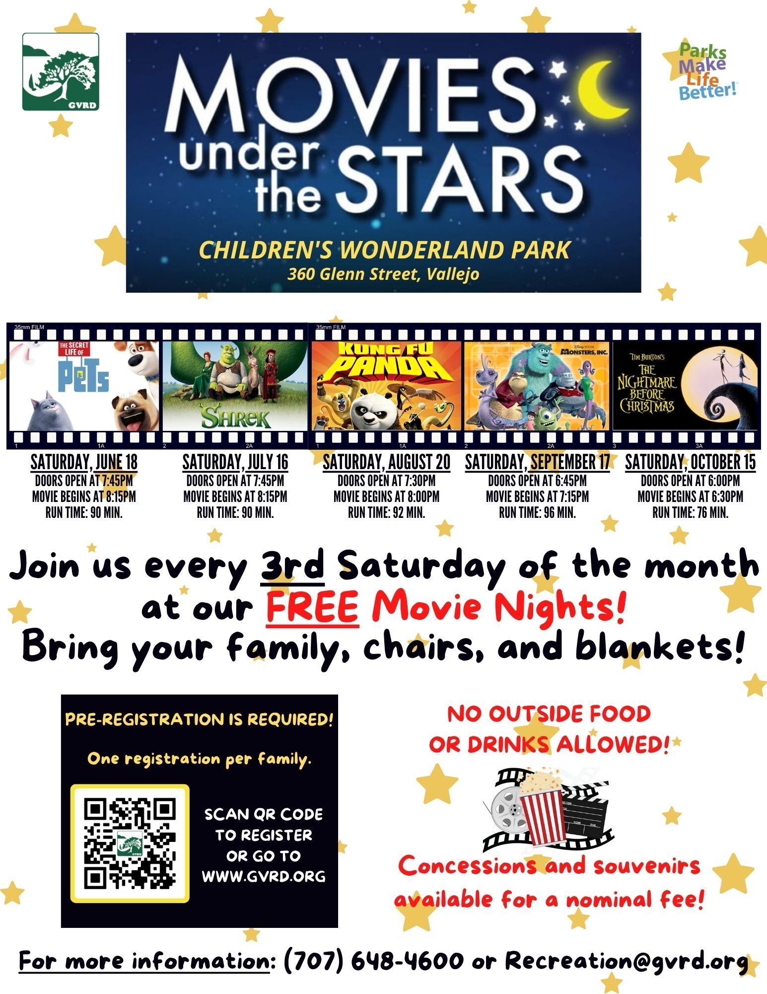 Flyer for movies under the stars at Children's Wonderland