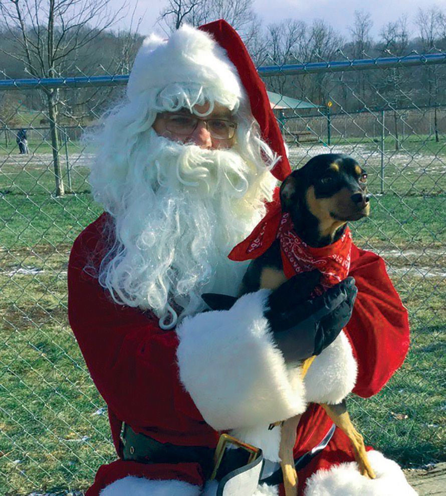 Man dressed as Santa Claus holds a small black and tan dog