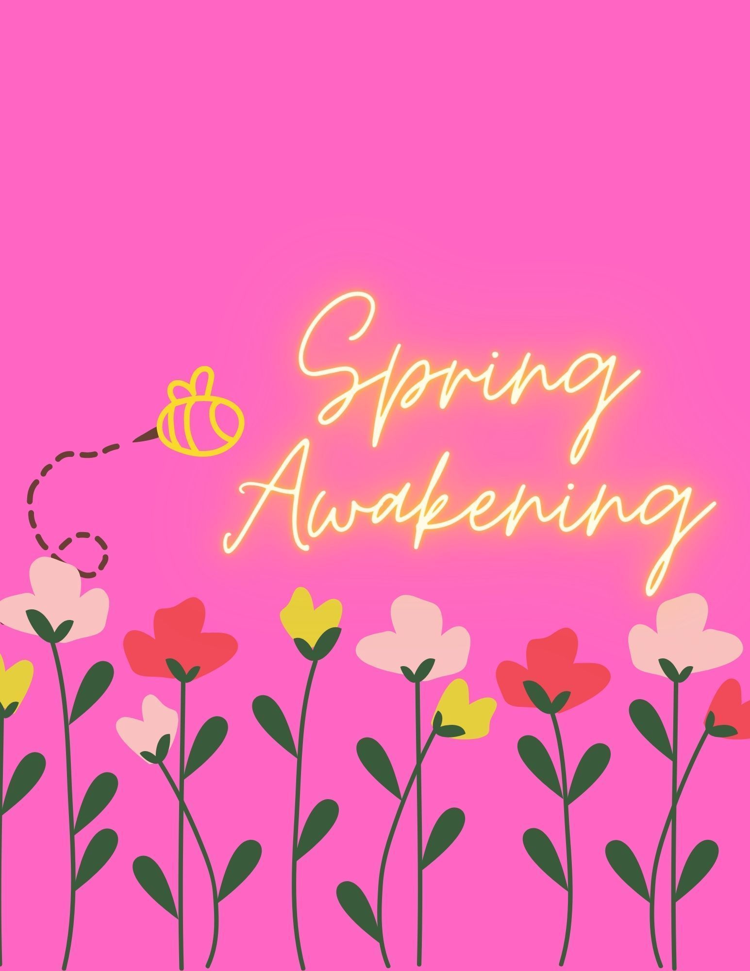 spring awakening flyer with flowers and bee cartoon