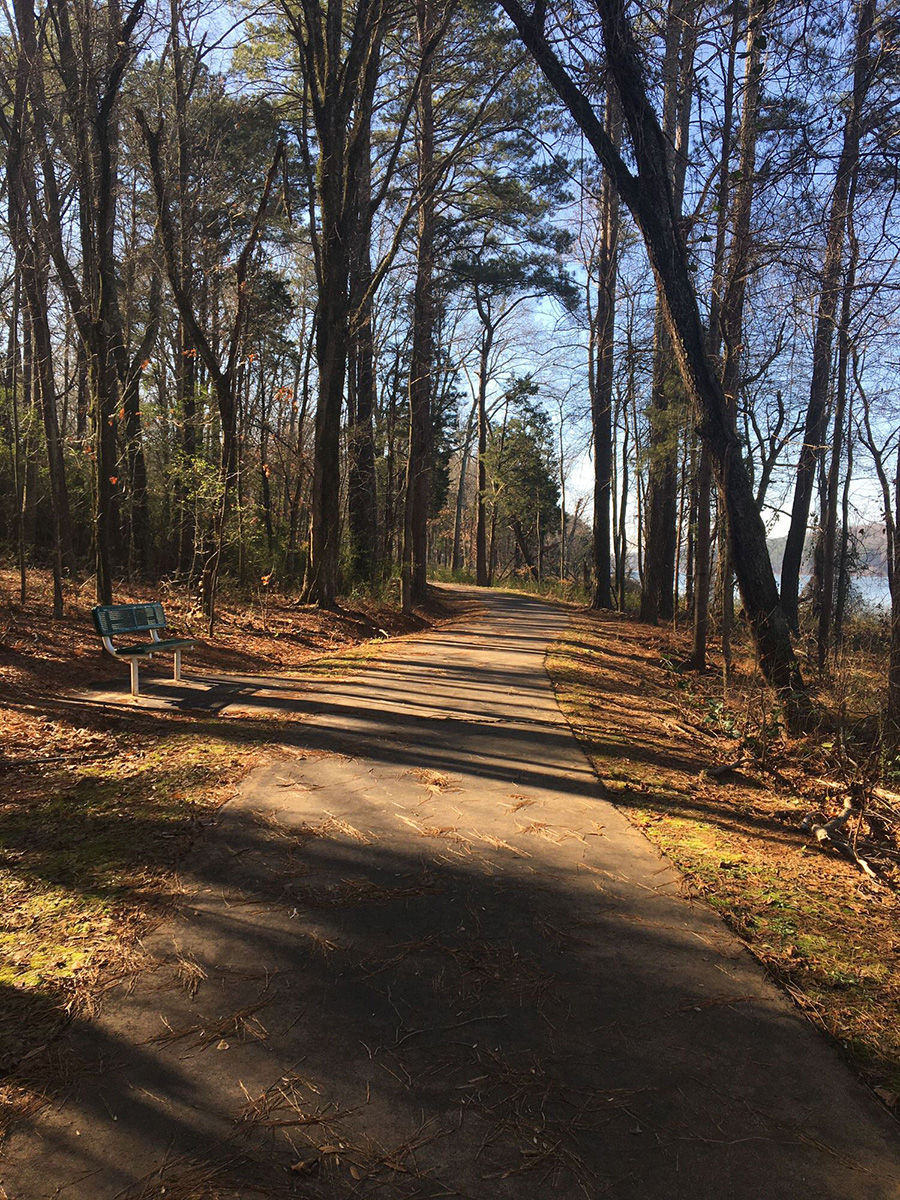 Trail passes through woods and along lake with rest stops. Photo by Donna Kridelbaugh.