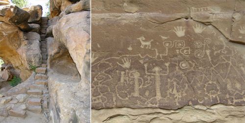 Left: Narrow steps along trail,  Right: Petroglyph Point panel