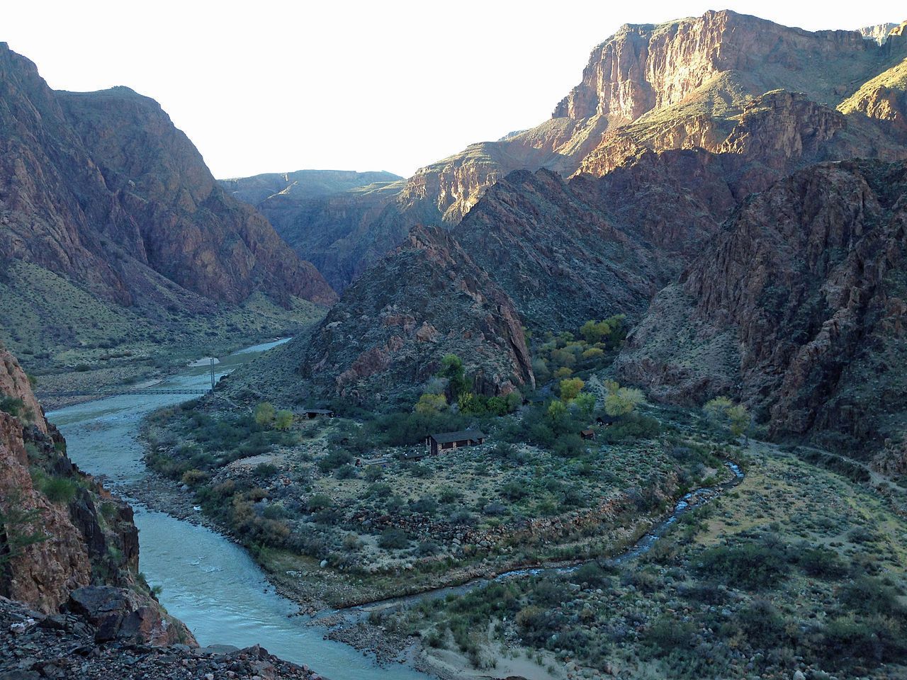 The confluence of Bright Angel Creek with the Colorado River from the River Trail above Phantom Ranch in Grand Canyon National P. Photo by Fredlyfish4.