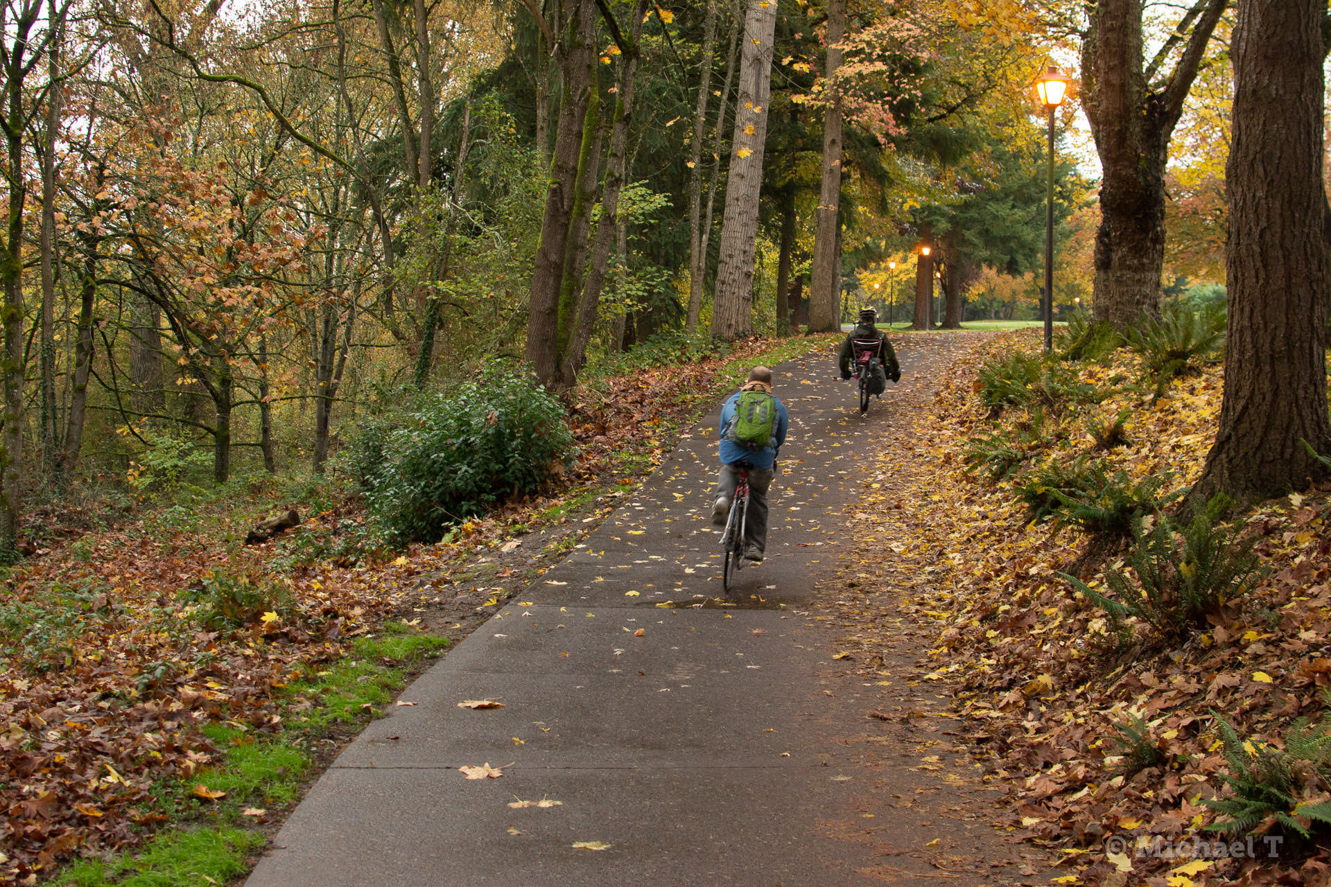 Bicycle commuters use the Willamette River Trail to quickly get across town.