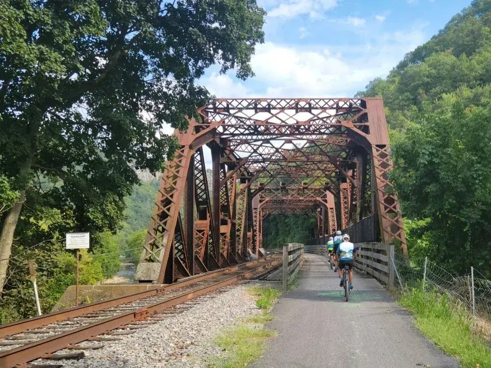 The Great Allegheny Passage runs 135 from near Pittsburgh to Cumberland, MD where it joins the C&O Canal Towpath trail.