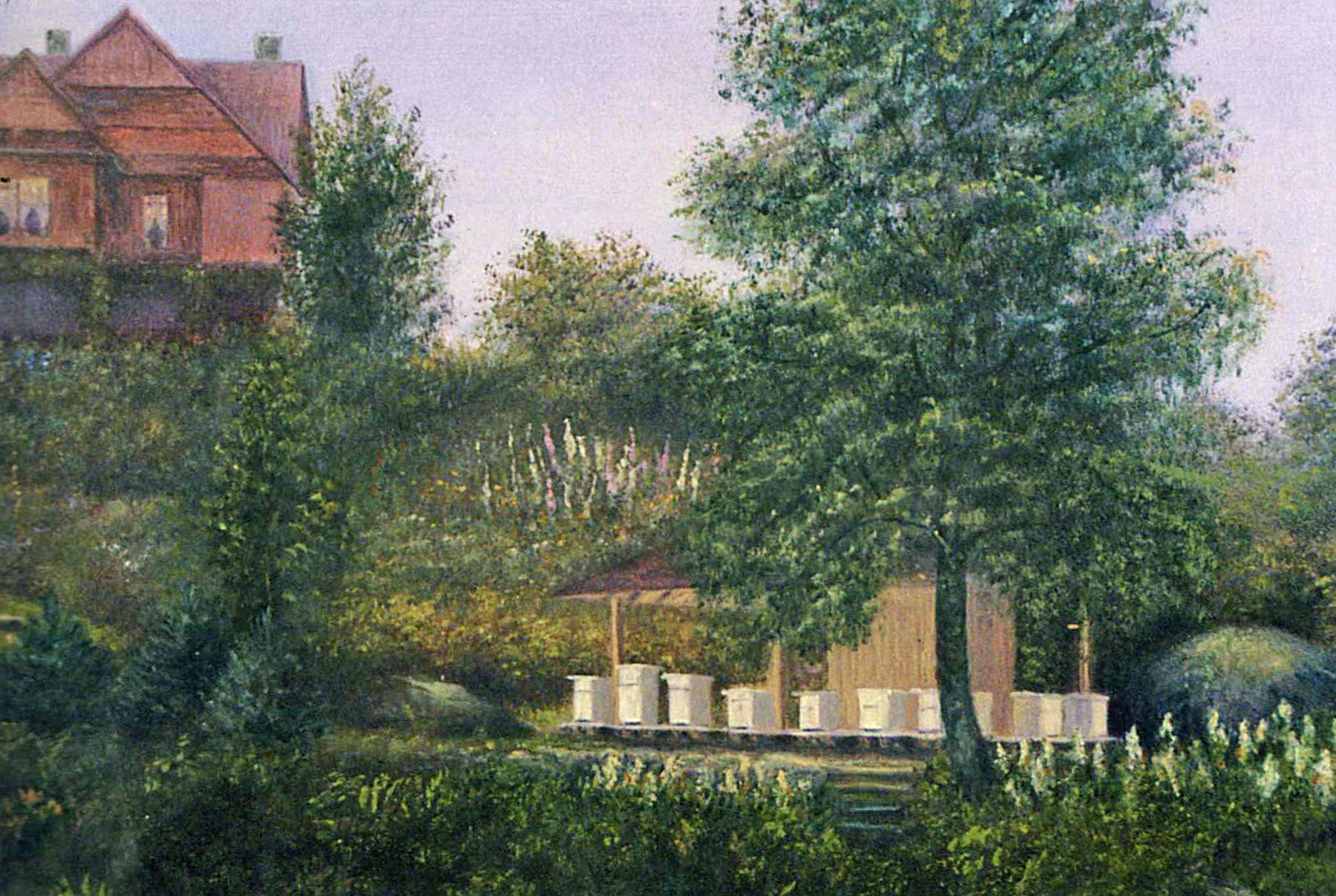 A painting of the Big House and Bee House as they would have looked during JJ Glessner's time.