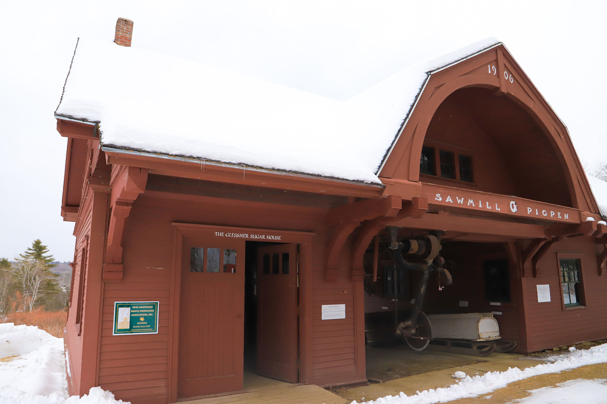 A view of the front of the "Sawmill Pigpen" in winter.