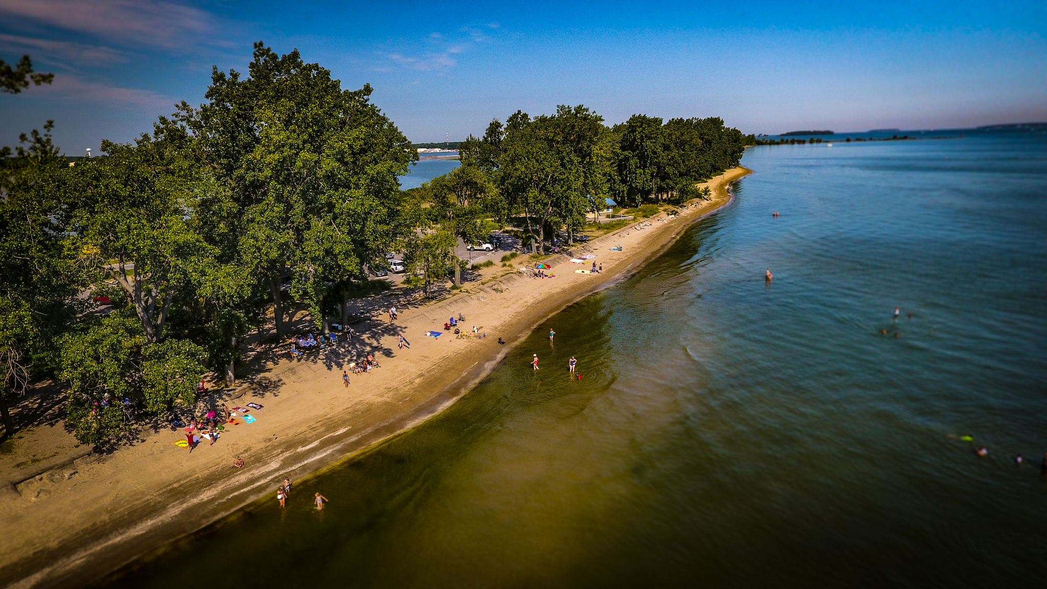 aerial view of east harbor Lake and the beach on a sunny day