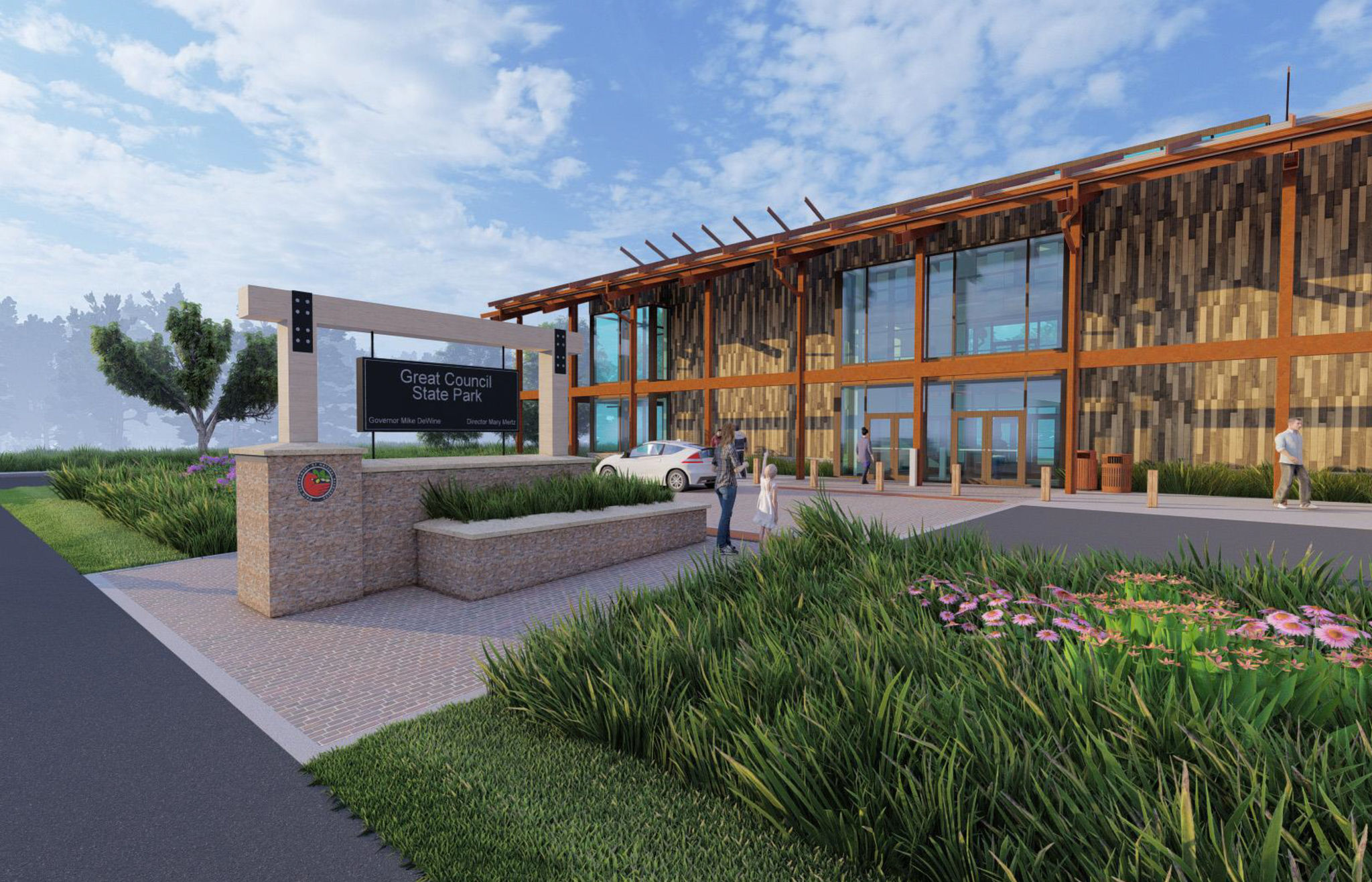 rendering of entrance to Great Council State Park interpretative center