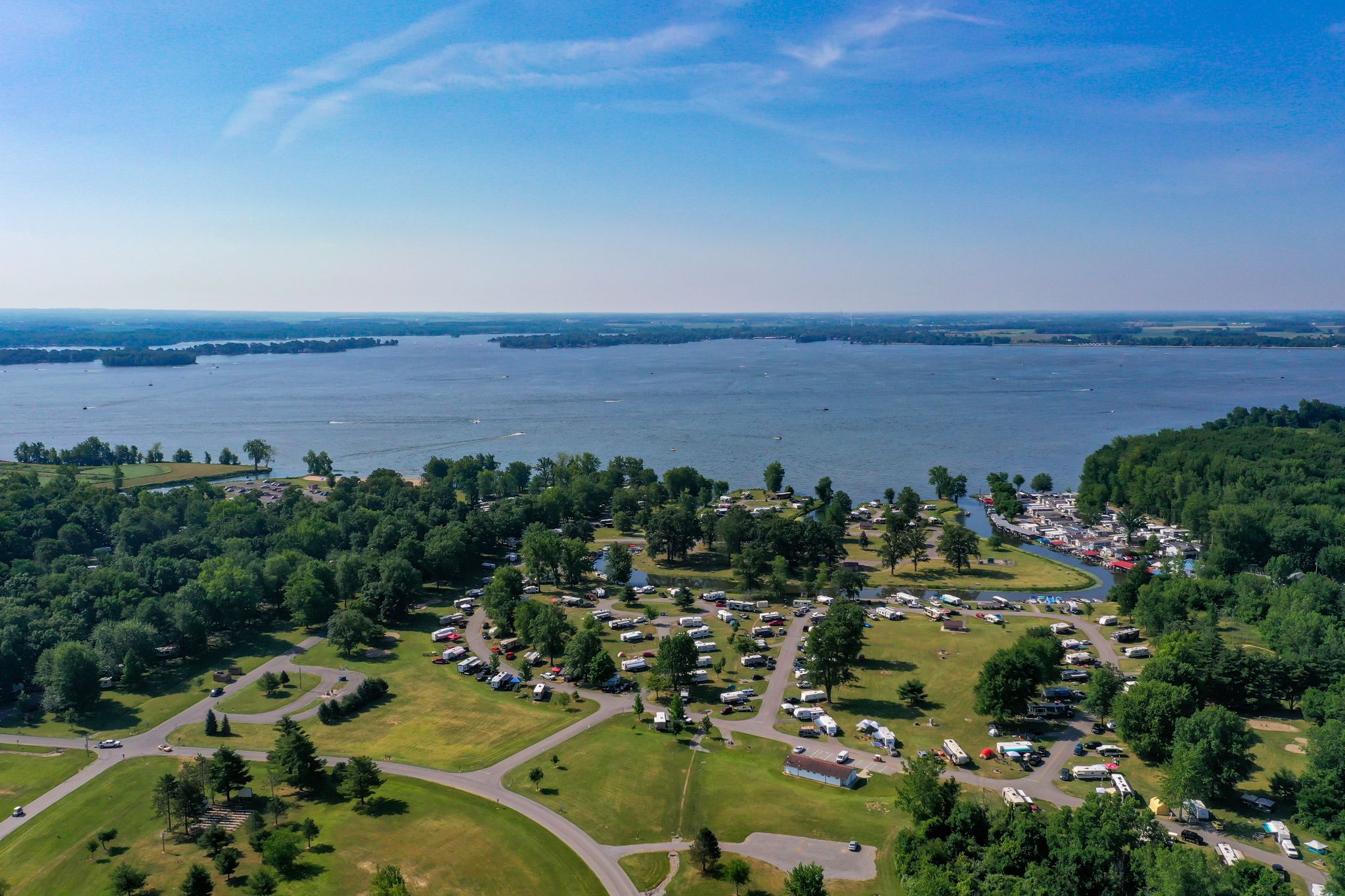 Indian Lake aerial photo of lake and campground on a sunny day