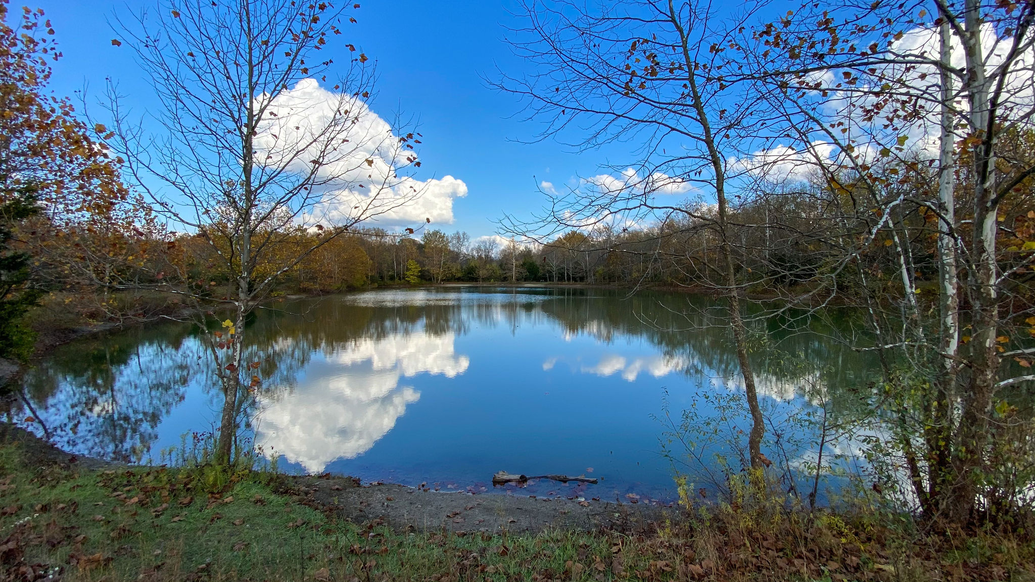 view of lake white on a blue skied day with clouds reflecting over the water