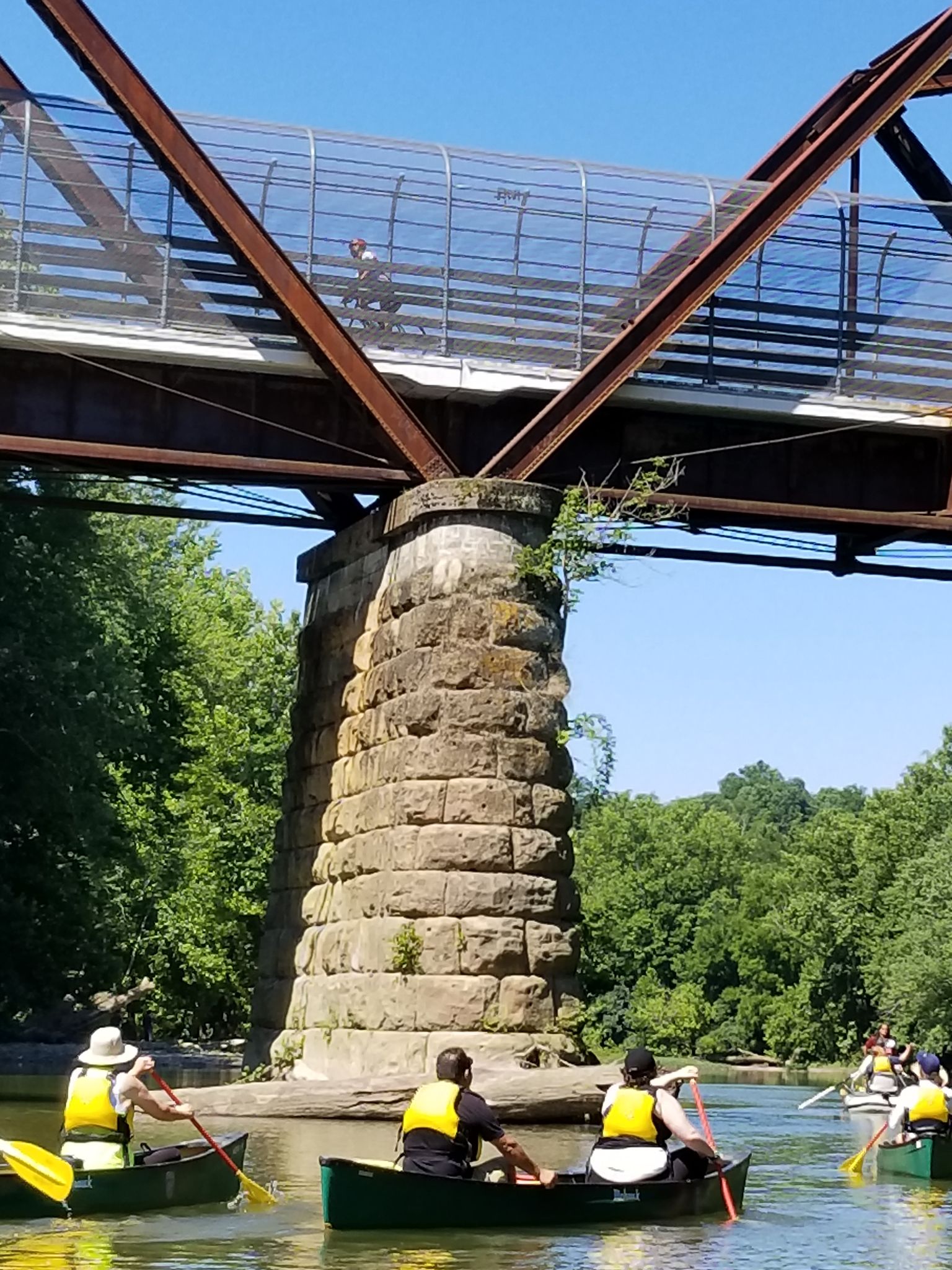 people kayakying under a bridge on the little miami river