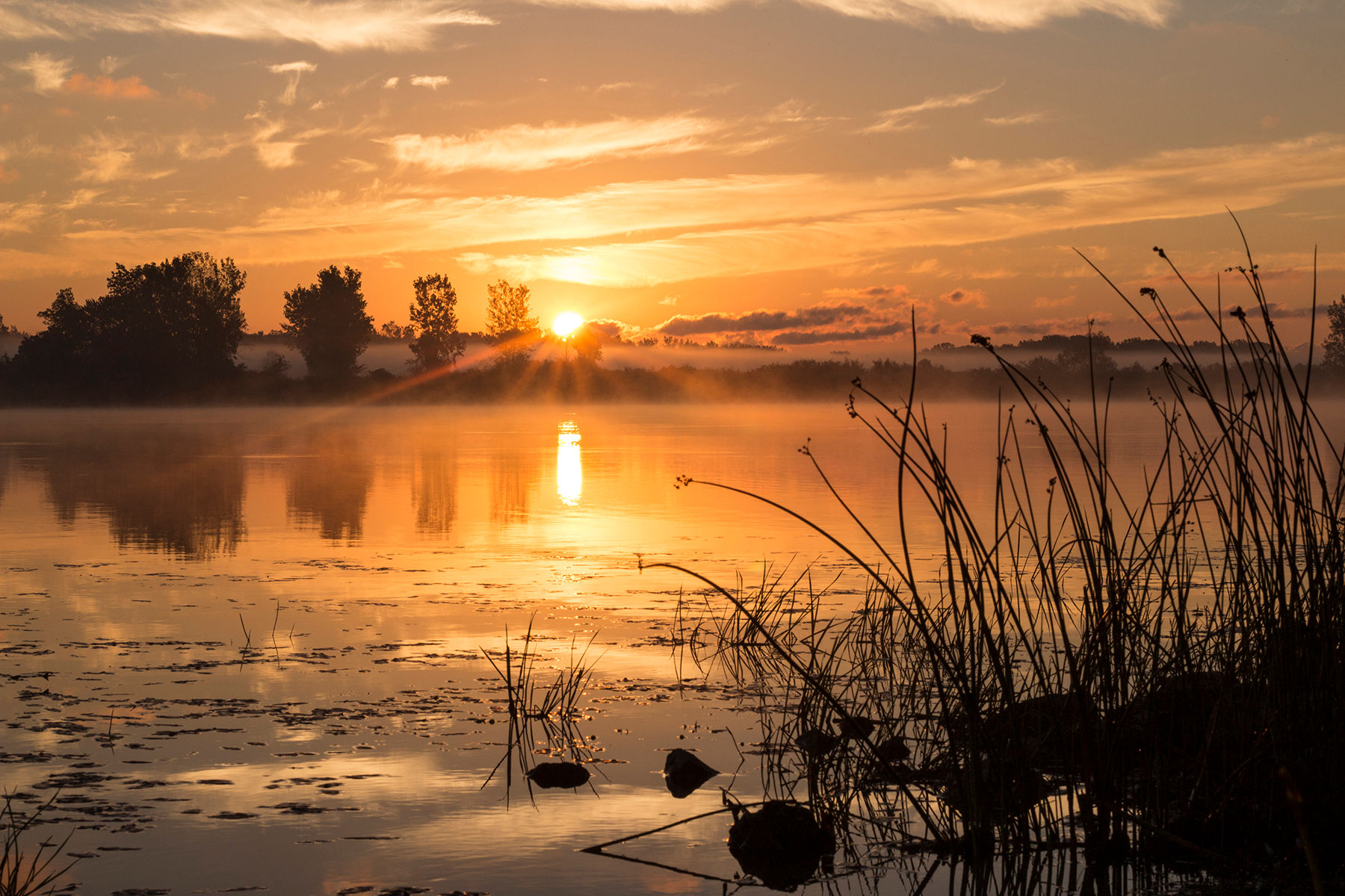 sunset at maumee bay of lake erie with orange clouds and sun reflecting off the water