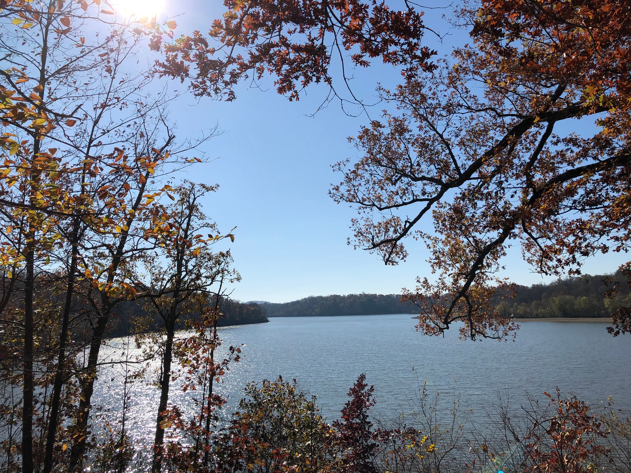 Paint creek state park lake on a sunny day with fall trees surrounding