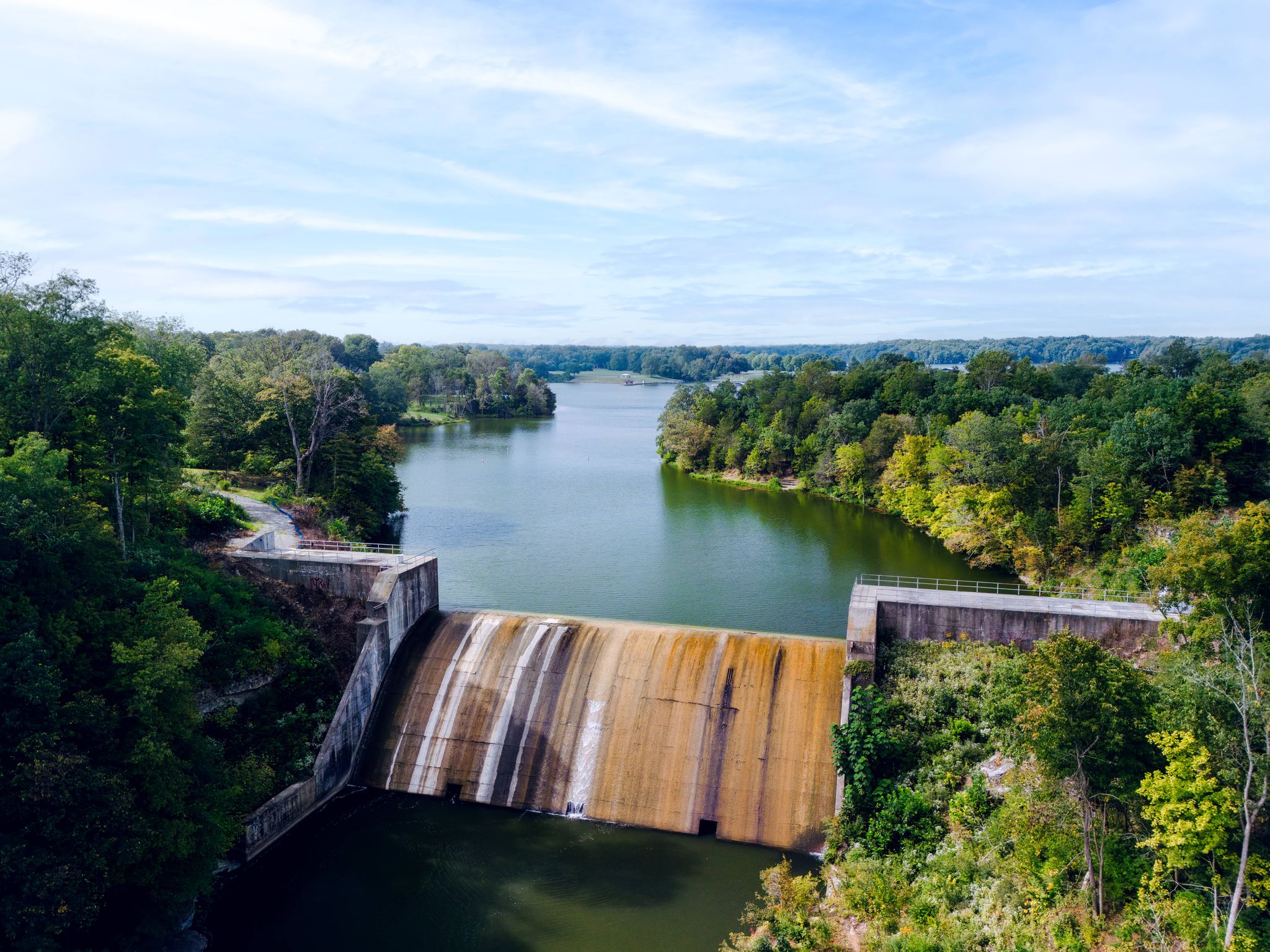 aerial view of the dam and lake at rocky fork state park