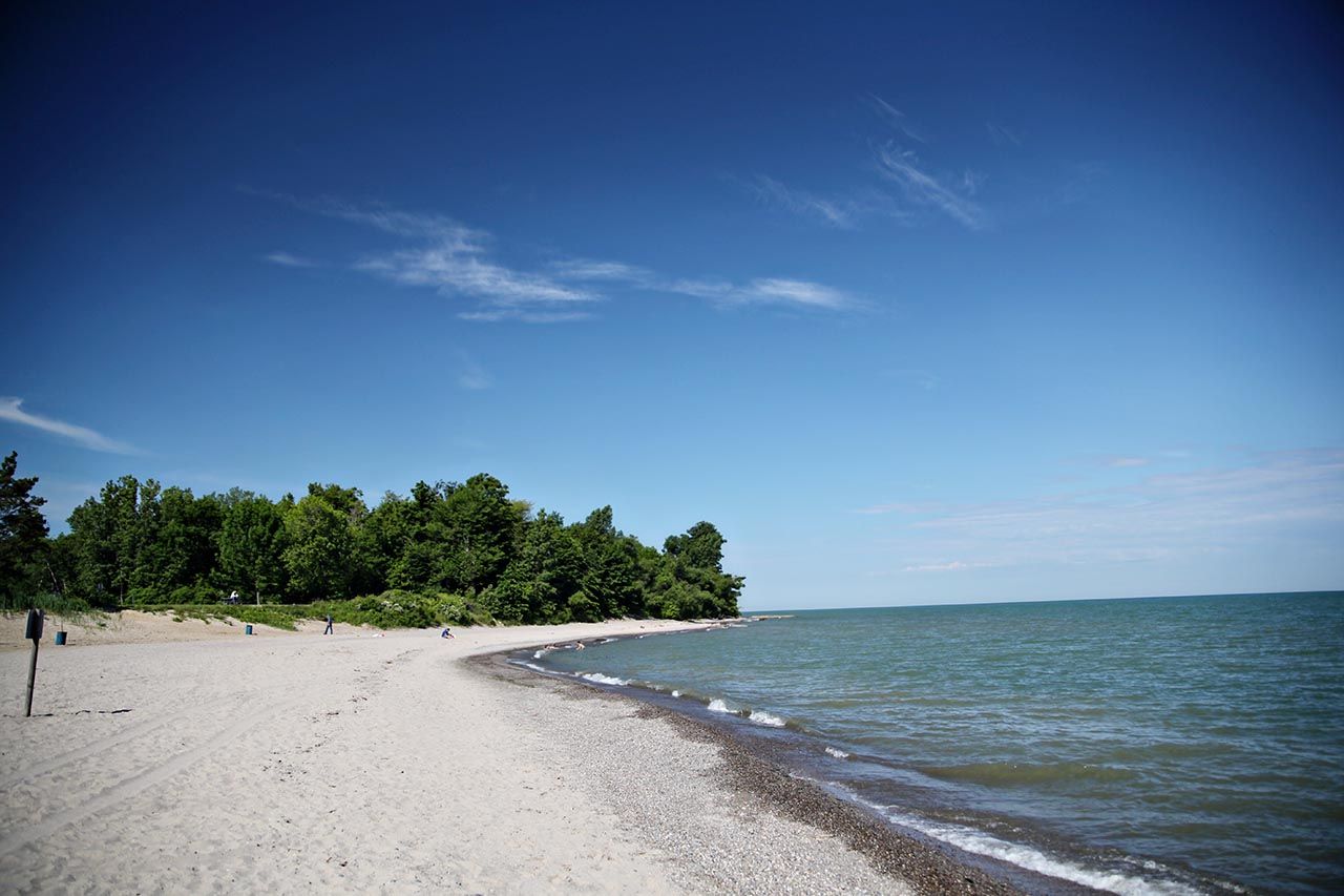 A beach with trees and water at Geneva State Park