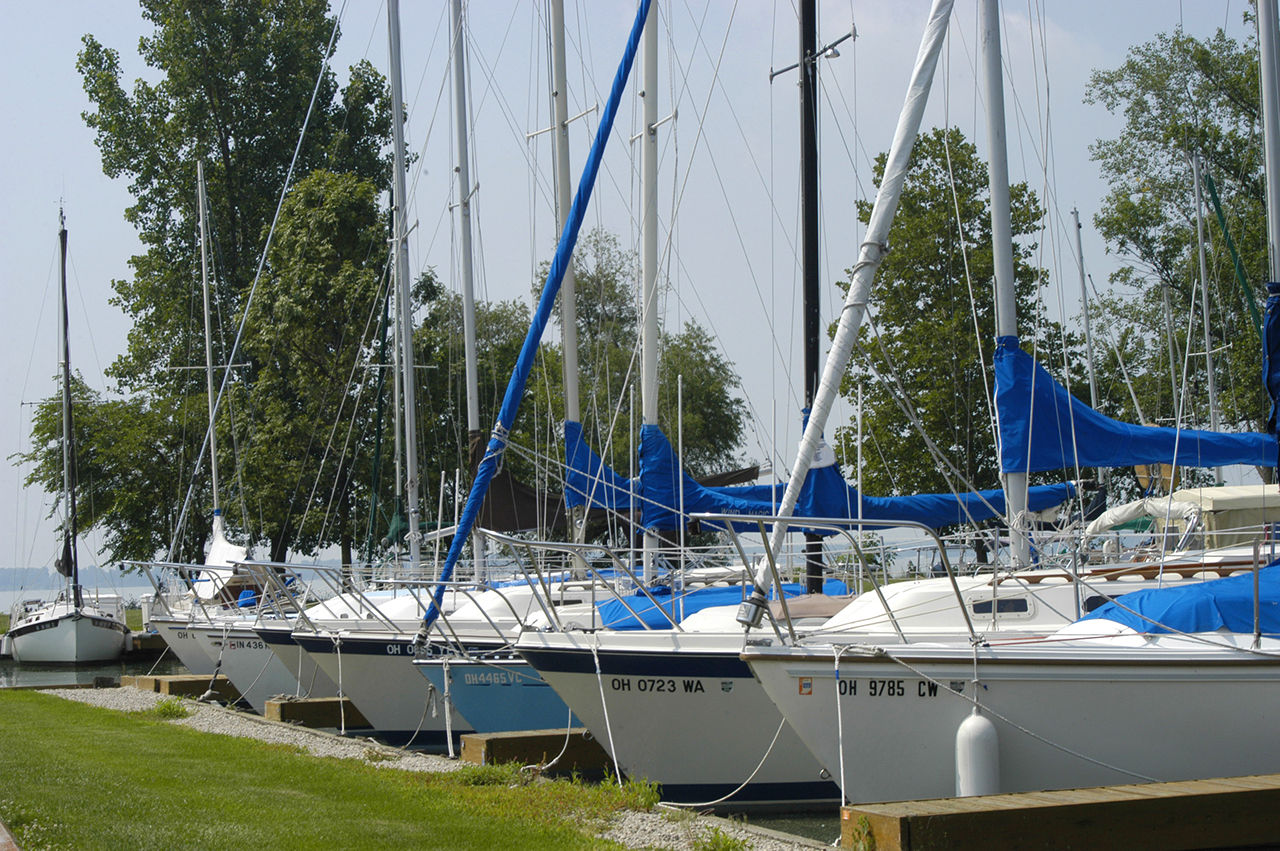 A line of six docked sailboats on a sunny day at Grand Lake St Marys State Park