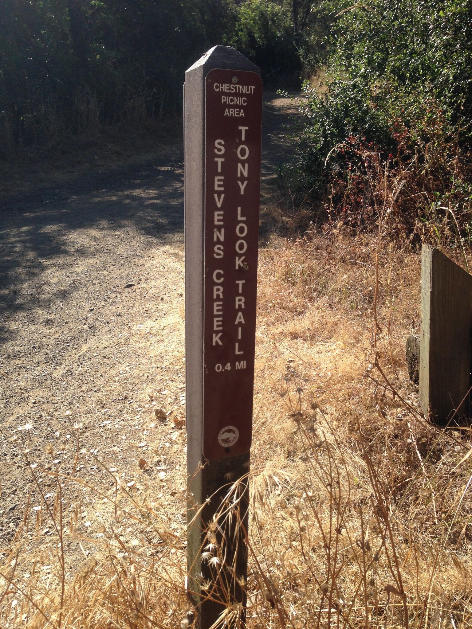 Trail marker for Tony Look Trail junction with the Coyote Ridge Trail below the Stevens Creek Reservoir dam