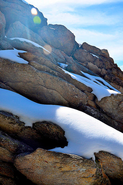 Exposed rock with snow along the Black Bear Trail in Golden Gate State Park, Colorado.